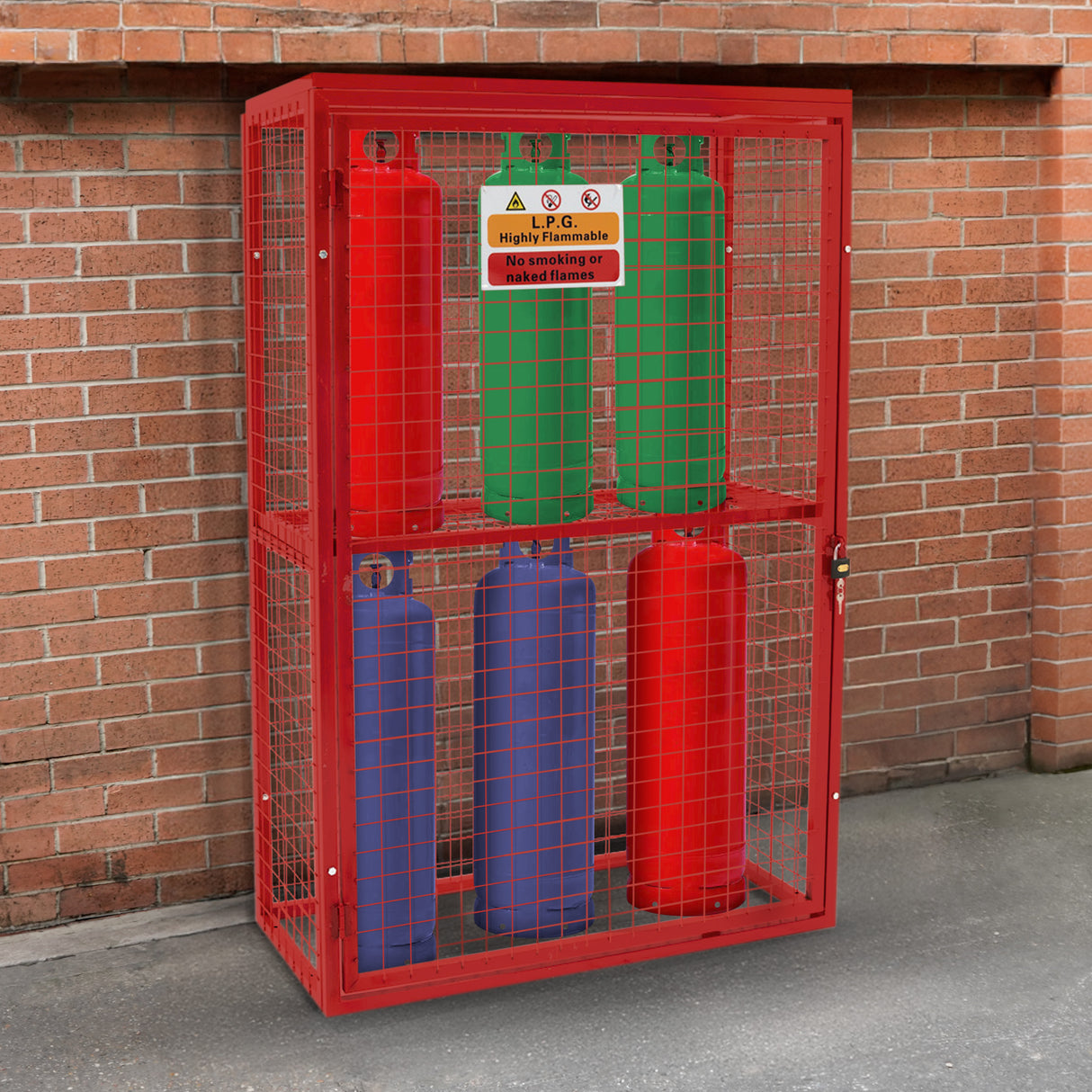 Opvouwbare gaas opslagkooi voor gasflessen, rood met groene en blauwe flessen, stevig met een metalen rooster en deur voor veiligheid