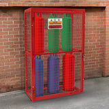 Opvouwbare gaas opslagkooi voor gasflessen, rood met groene en blauwe flessen, stevig met een metalen rooster en deur voor veiligheid
