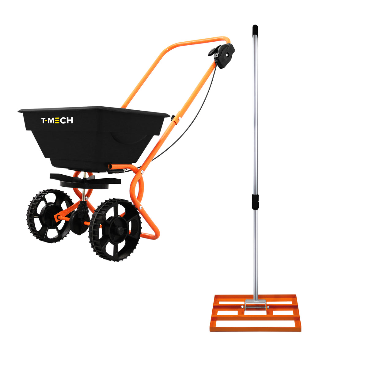 Roterende Strooiwagen & 50 cm Gazon Leveling Hark – Oranje