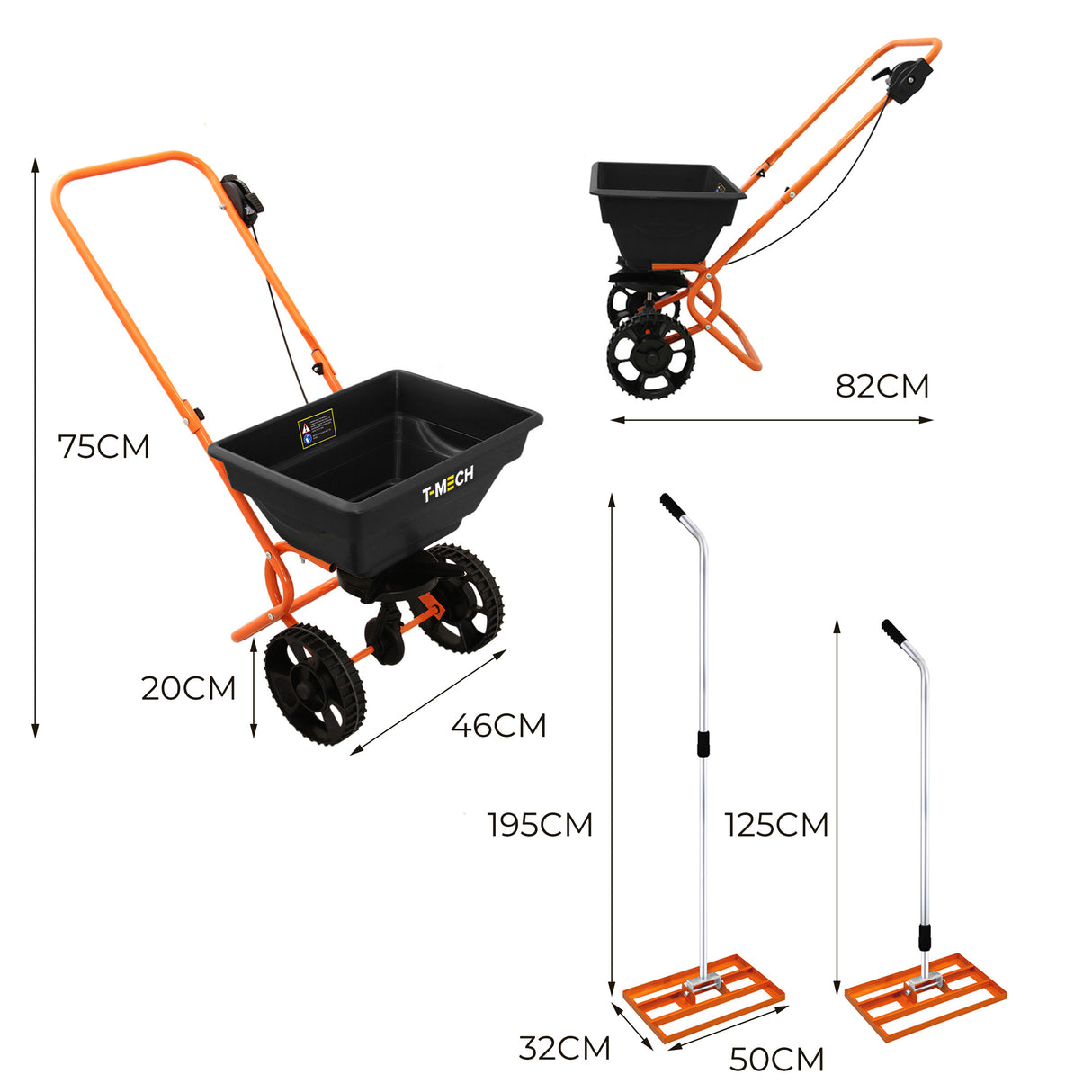Roterende Strooiwagen & 50 cm Gazon Leveling Hark – Oranje