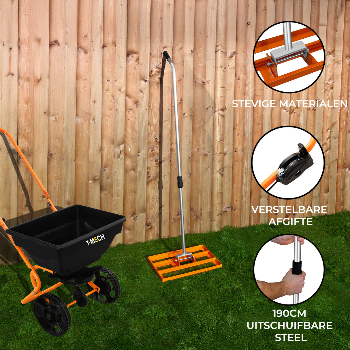 Roterende Strooiwagen & 50 cm Gazon Leveling Hark – Oranje