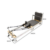 Aluminium Pilates Reformer machine met een grijze kussen, houten details en verstelbare riemen, ideaal voor thuisgebruik