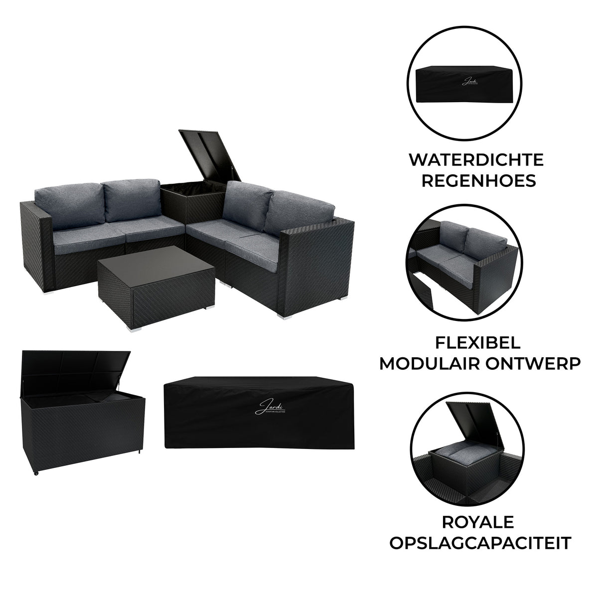Rotan Modulaire 6-Delige Meubelset & 996L Opbergbox - Zwart