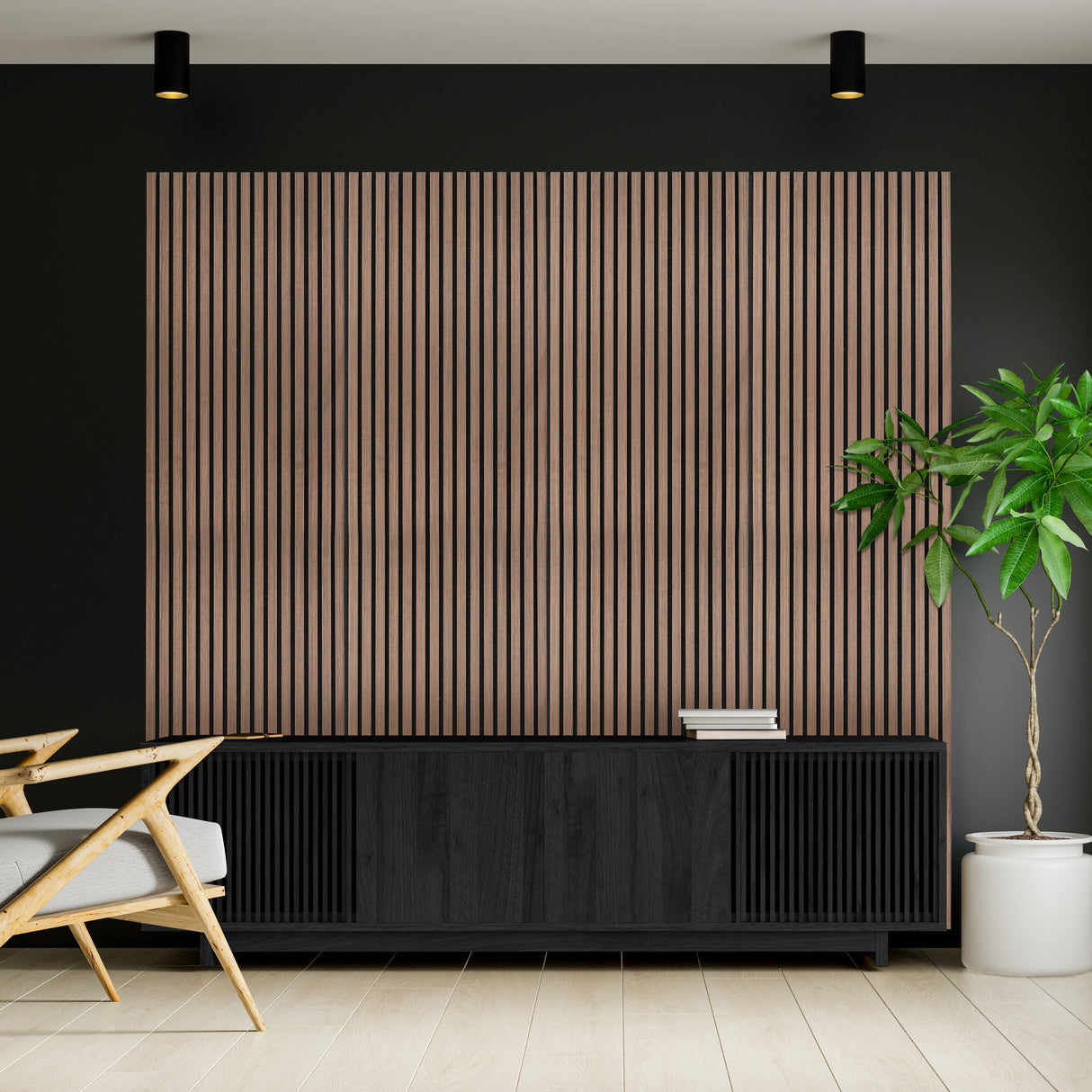 Akoestische Wandpanelen met Lamellen x 3 – Donker Walnoot