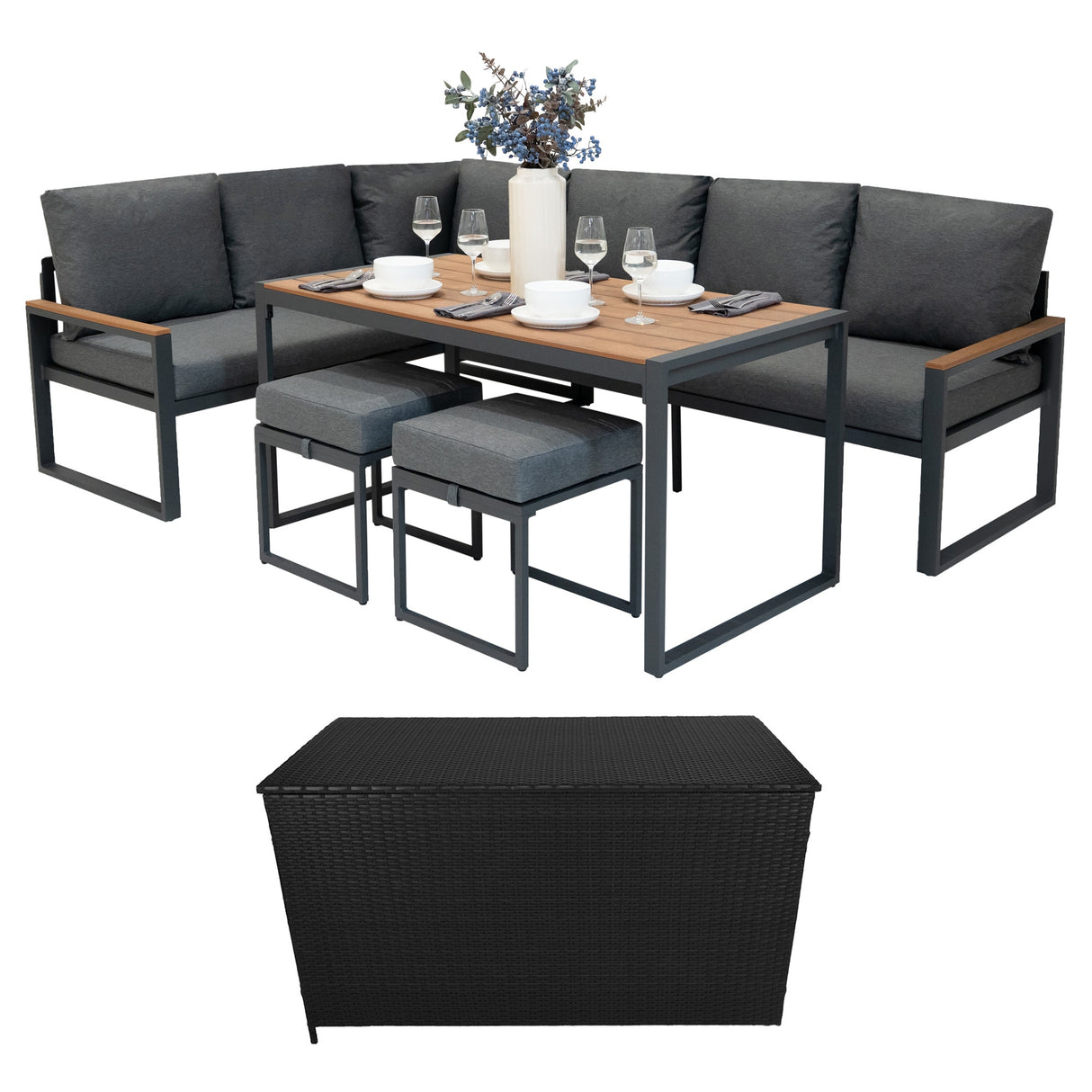 Aluminium Hoek Loungeset met Zwarte Rotan Opbergbox - Houteffect