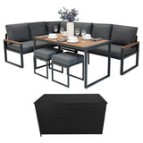 Aluminium Hoek Loungeset met Zwarte Rotan Opbergbox - Houteffect