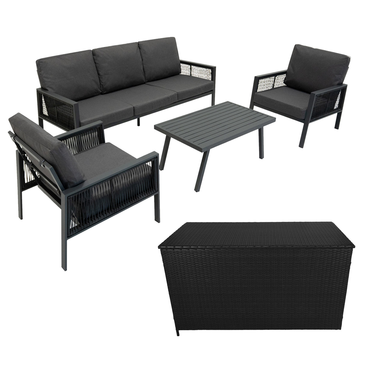 Aluminium 4-Delige Loungeset met Zwarte Rotan Opbergbox - Antraciet Grijs