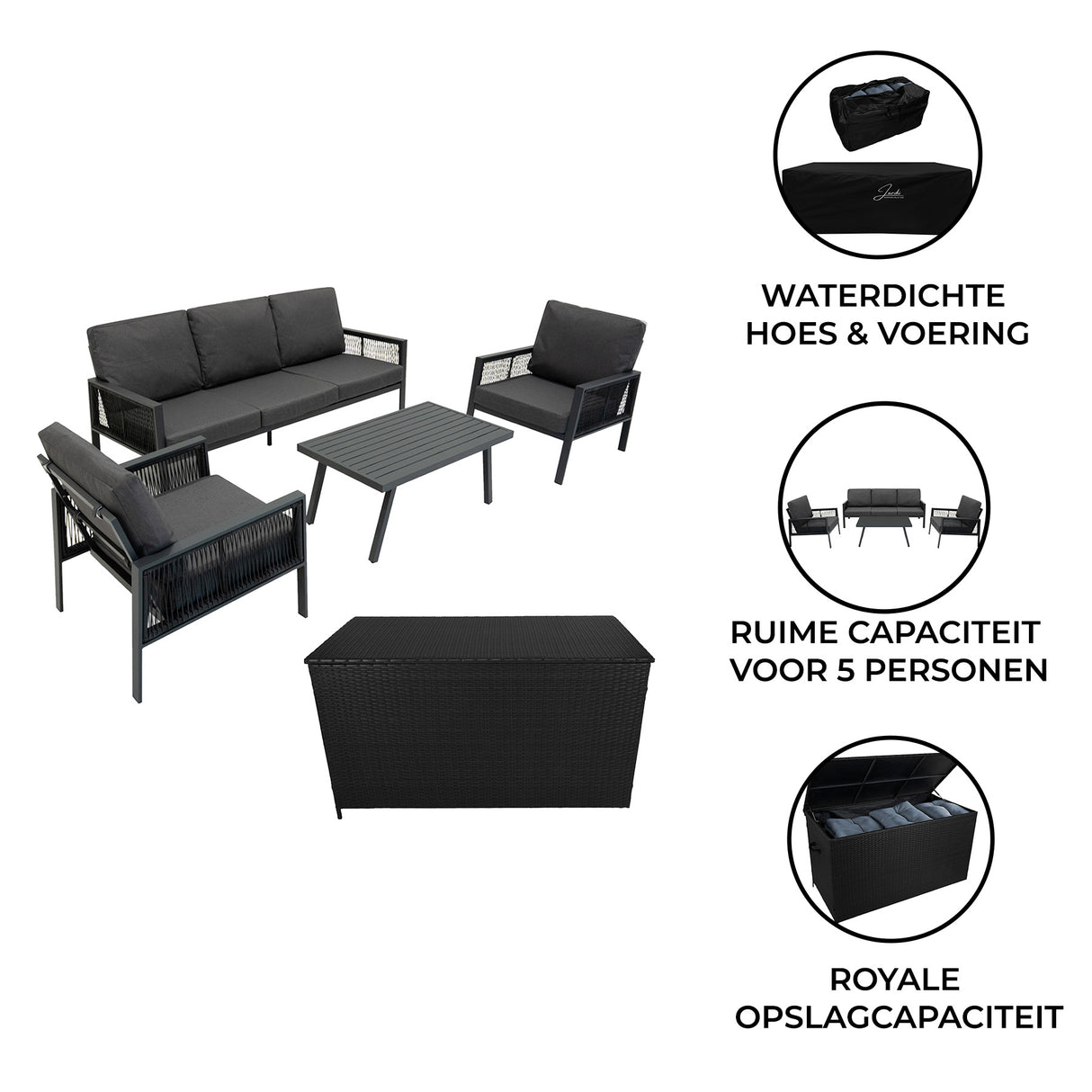 Aluminium 4-Delige Loungeset met Zwarte Rotan Opbergbox - Antraciet Grijs