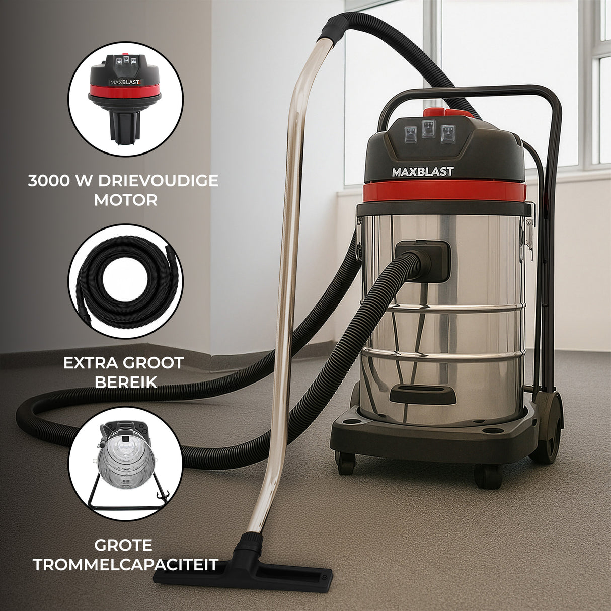 80L nat- en droog stofzuiger met 5m vacuümslang