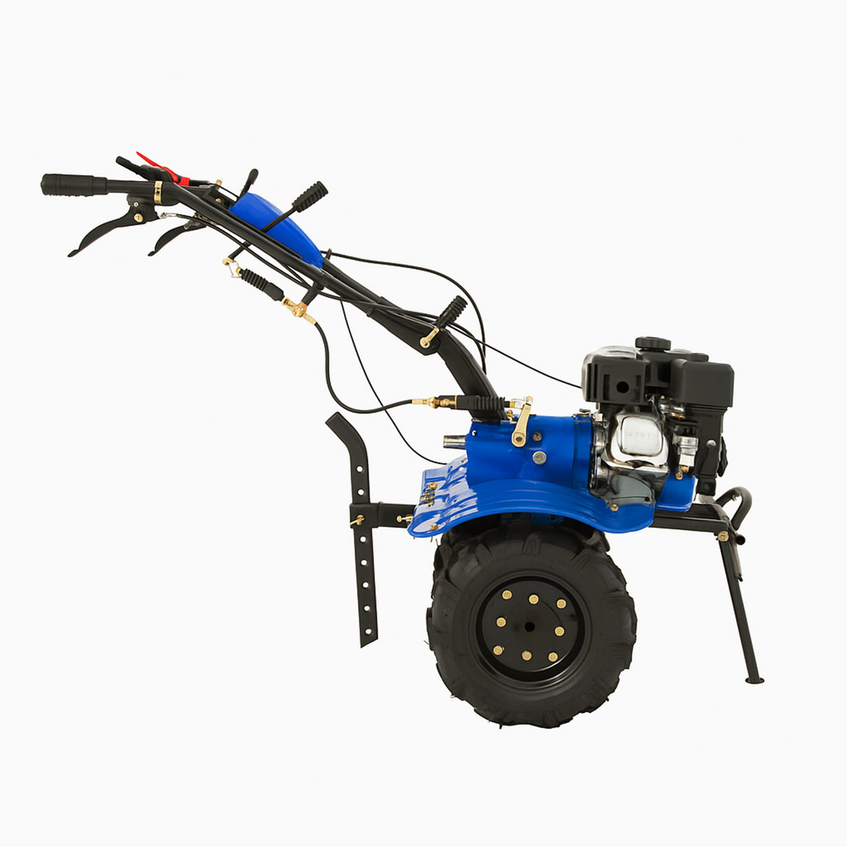 Benzine tuinfrees in levendig blauw met stevige banden, krachtige motor en ergonomisch ontwerp voor eenvoudig tuinonderhoud
