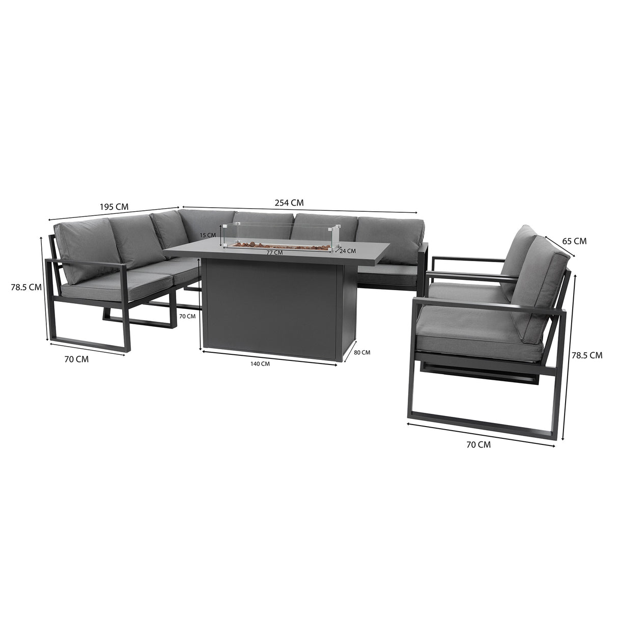 Aluminium 7-zits Loungeset met Vuurtafel