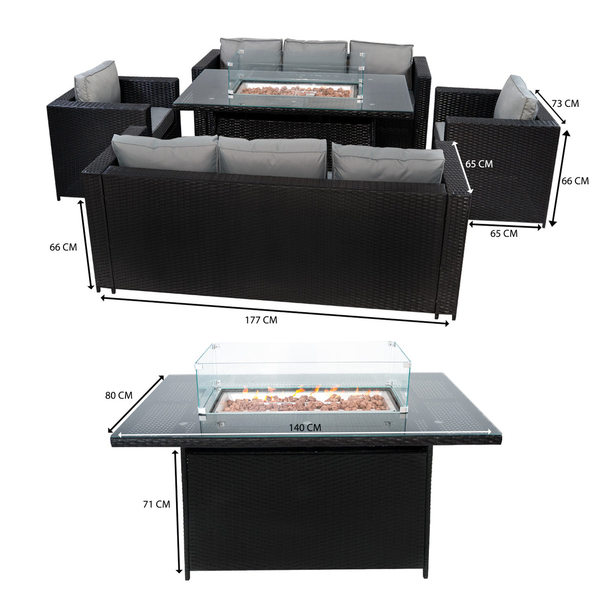 8-Zitplekken Rotan Loungeset met Vuurtafel - Zwart