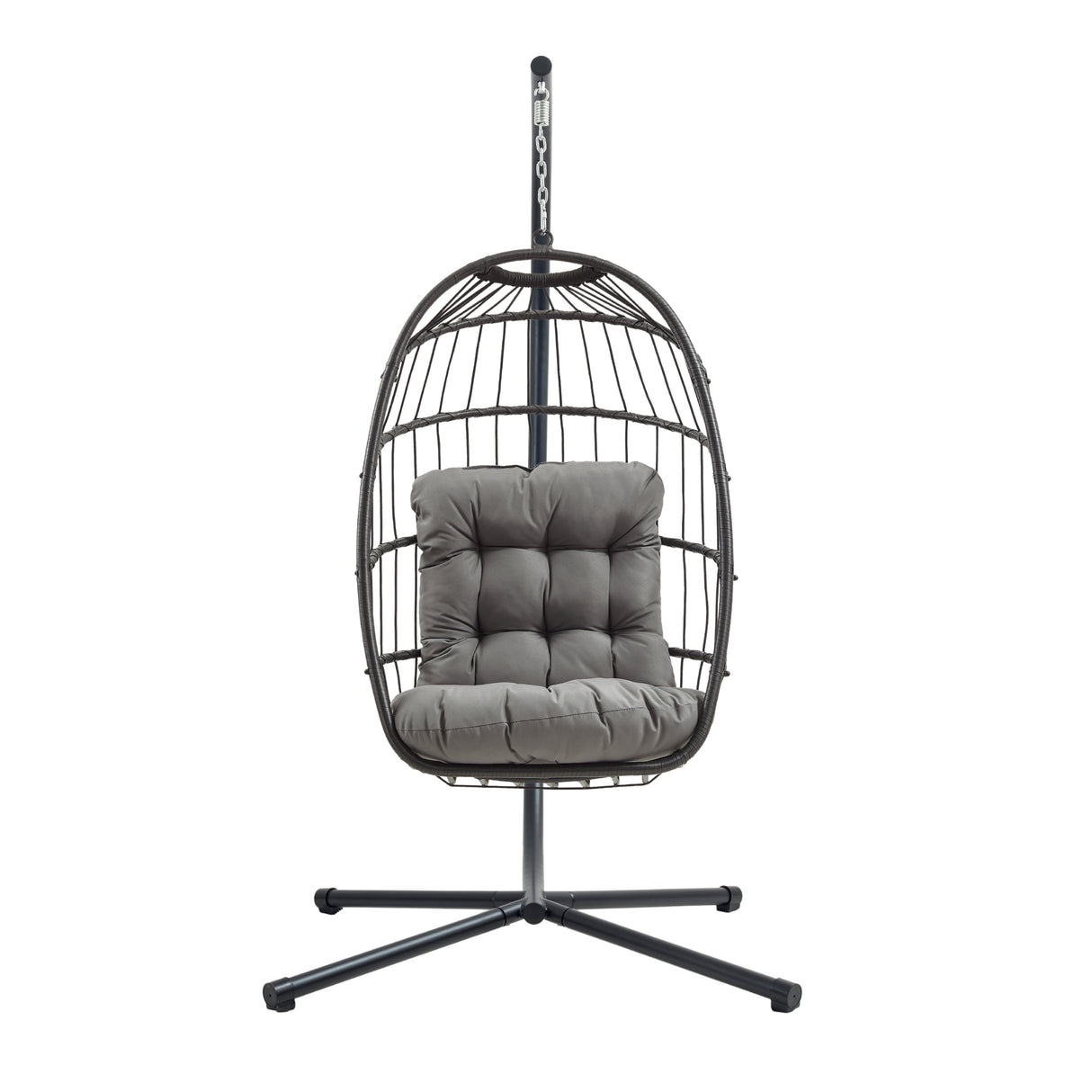 Zwarte rotan hangstoel met een comfortabele grijze kussen, modern ontwerp en stevige metalen basis voor binnen en buiten gebruik