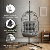 Grijze rotan hangstoel met stevig frame, comfortabele kussen van 15 cm dik en beschermende regenhoes, perfect voor binnen en buiten