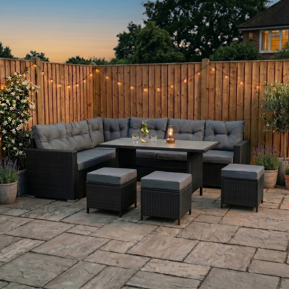 Rotan Hoek Loungeset met Polywood Eettafel - Zwart