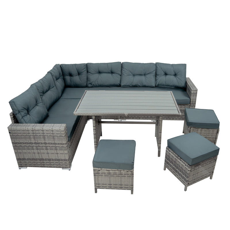 Luxe grijze tuinset met comfortabele kussens, inclusief een hoekbank, tafel en poef, perfect voor buitengebruik en ontspanning