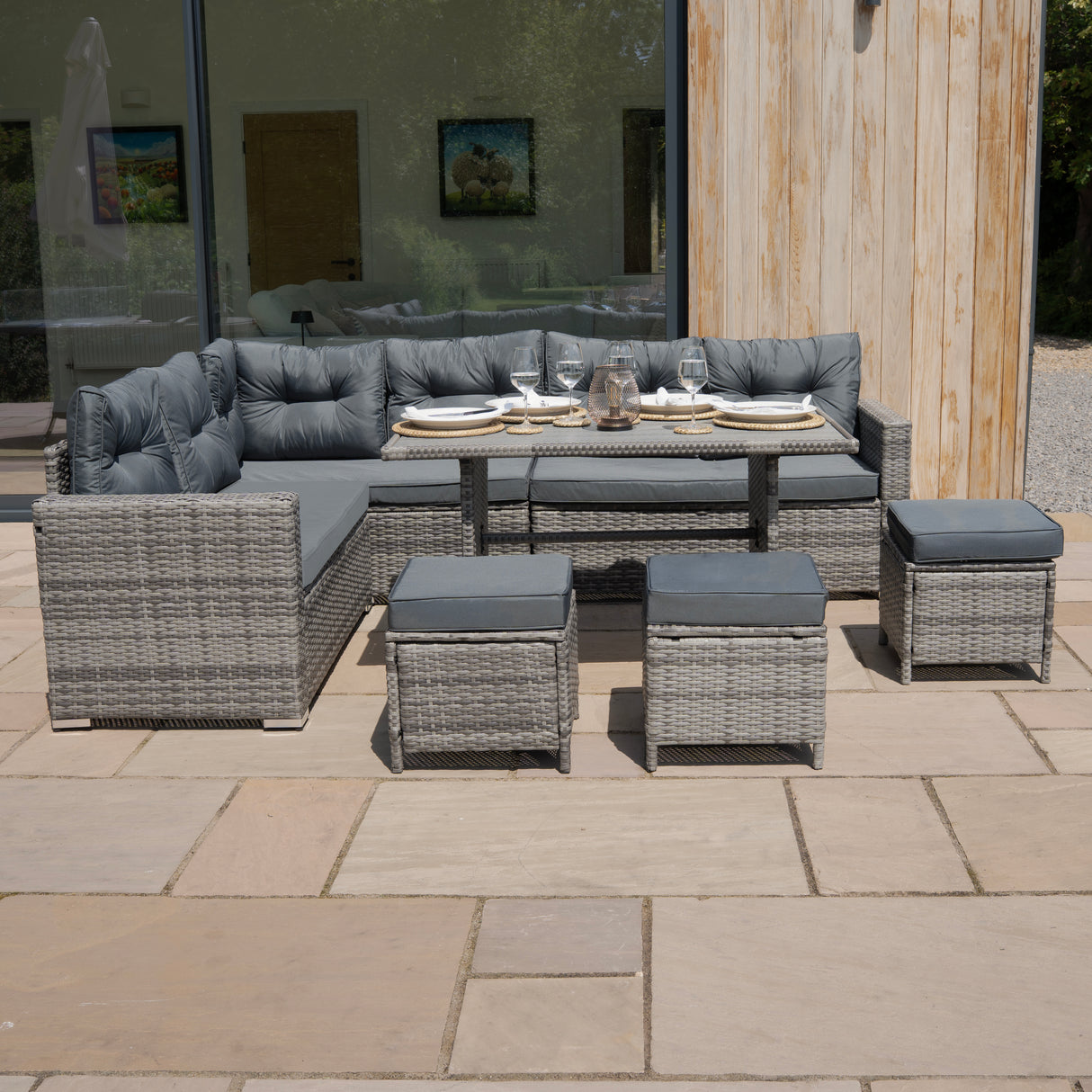Rotan Hoek Loungeset met Polywood Eettafel - Grijs