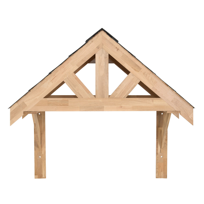 Houten dakconstructie met een driehoekige vorm, lichte kleur en zwarte dakbedekking, ideaal voor buitengebruik en architectonische projecten