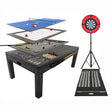 Multispeltafel in grijs met zeven spellen, inclusief darts, tafeltennis, en LED-ringlicht, met een moderne, strakke uitstraling