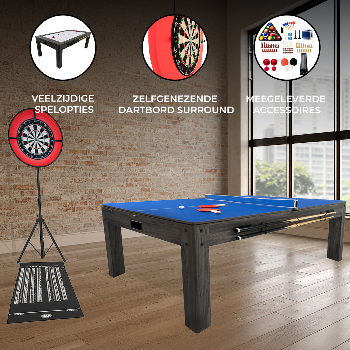 7-in-1 Multispeltafel, Darts Set & LED-Ringlicht - Grijs