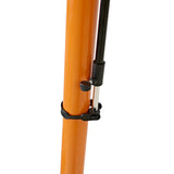 Oranje fiets montagestandaard met een stevige metalen constructie en verstelbare hoogte, ideaal voor onderhoud en reparaties