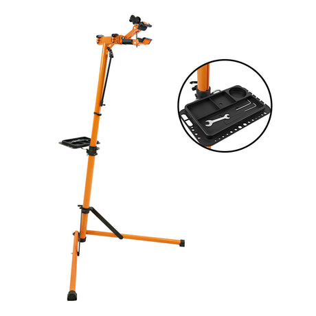 Fiets montagestandaard in feloranje met verstelbare hoogte, stevige basis en opbergplaat voor gereedschap en accessoires
