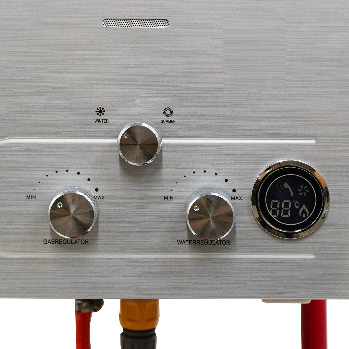 Draadloze tondeuse met metalen knoppen voor gas- en waterregulatie, digitale temperatuurweergave en robuuste, moderne afwerking