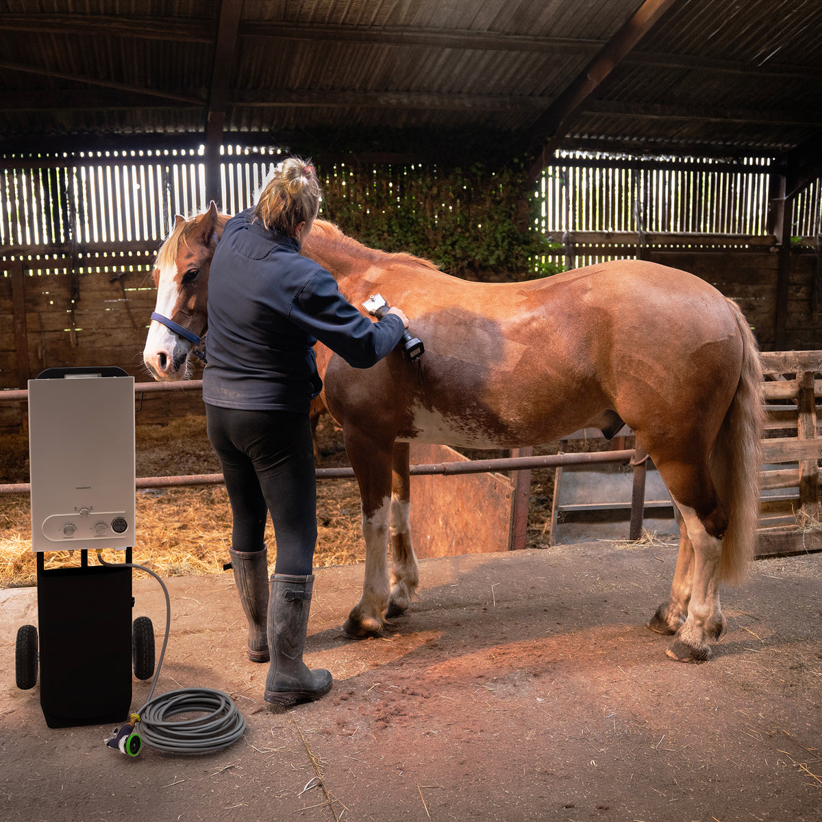 Zwarte paardendouche met draadloze tondeuse, gebruikt door een vrouw met een bruin paard in een stal met stro en houten omheining