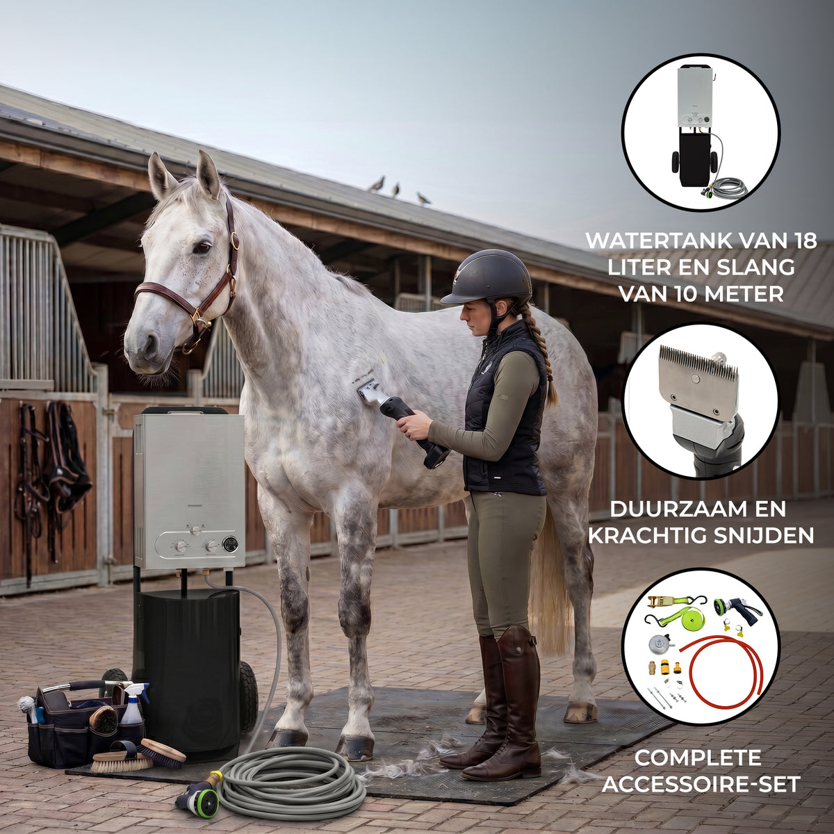 Zwarte paardendouche met draadloze tondeuse, 18 liter watertank, 10 meter slang, en accessoires, ideaal voor verzorging van paarden