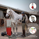 Rode paardendouche met draadloze tondeuse, 18 liter watertank, 10 meter slang, en accessoires, ideaal voor verzorging van paarden