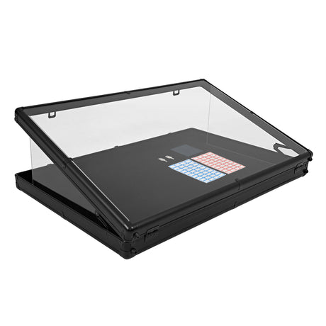 Afsluitbare vitrine voor ruilkaarten met zwarte basis, transparante glazen deksel en kleurrijk toetsenbord voor eenvoudige toegang