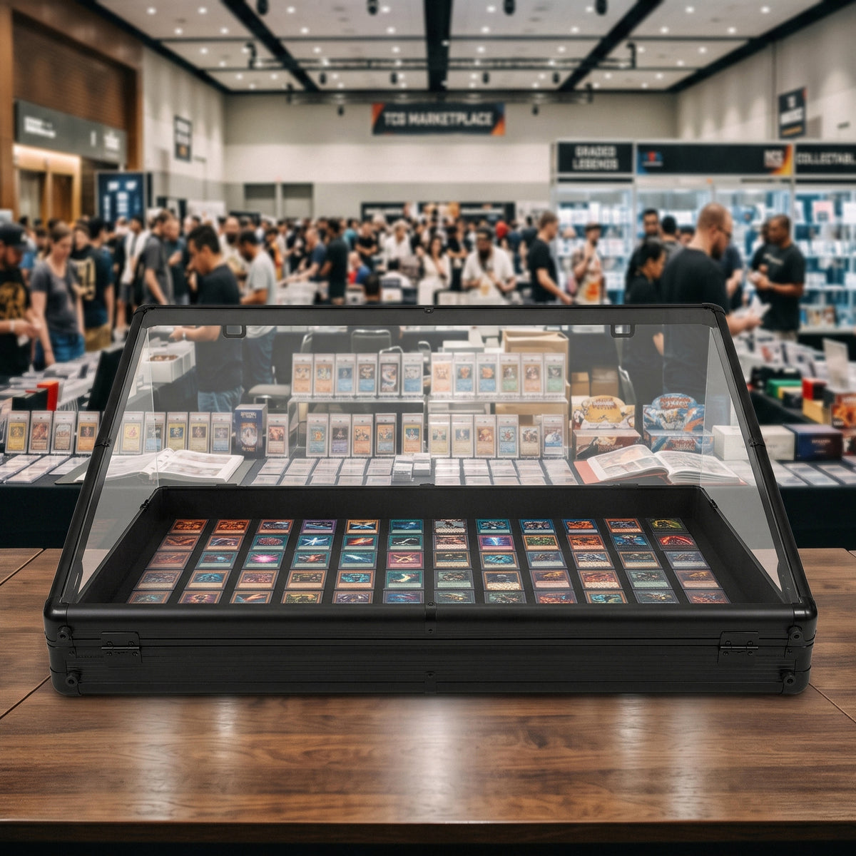 Een glazen vitrinekast met kleurrijke verzamelkaarten, omringd door een drukke menigte in een markthal vol merchandise