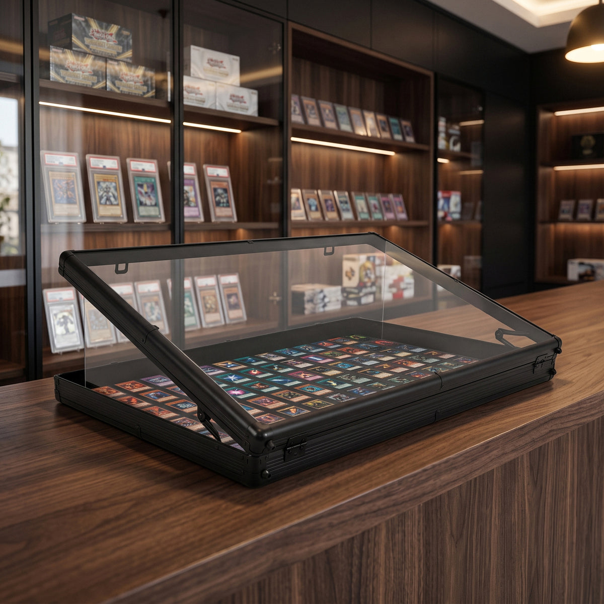 Afsluitbare vitrine met een zwarte rand, transparante bovenkant en kleurrijke ruilkaarten op een houten toonbank in een moderne winkel