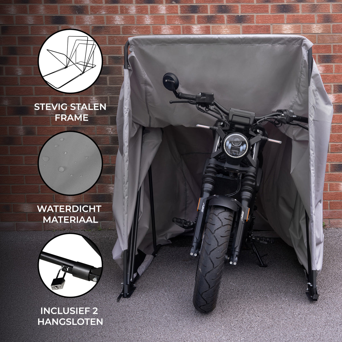 Motorfietsafdekking in grijs, gemaakt van waterdicht materiaal met een stevig stalen frame, inclusief twee hangsloten voor extra beveiliging