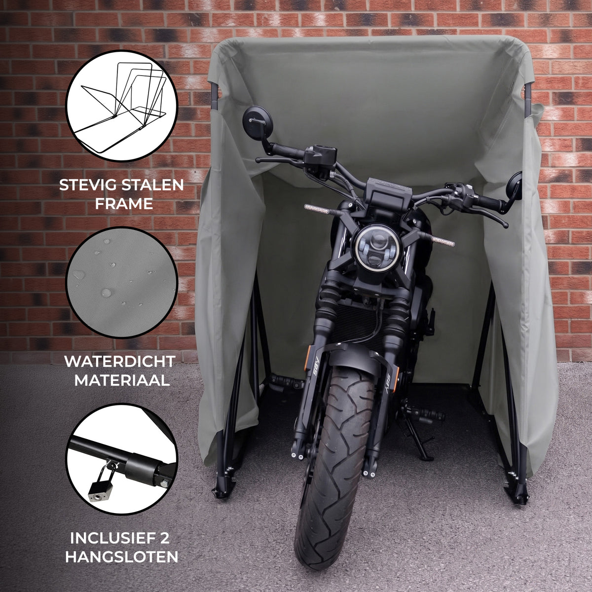 Motorfietsafdekking van waterdicht materiaal met stevig stalen frame, perfect voor bescherming tegen weersinvloeden en diefstal