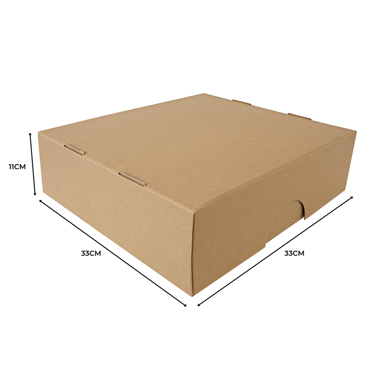 Bruine kartonnen doos met een afmeting van 33 cm x 33 cm x 11 cm, met een gladde textuur en een handige uitsparing aan de voorkant