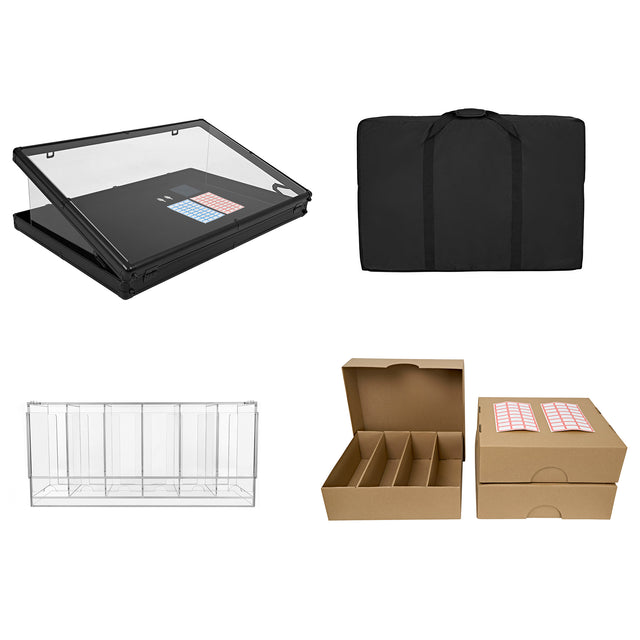 Zwart, transparant opbergdoos met deksel, stevige zwarte tas, heldere plastic doos en kartonnen dozen met vakken voor organisatie