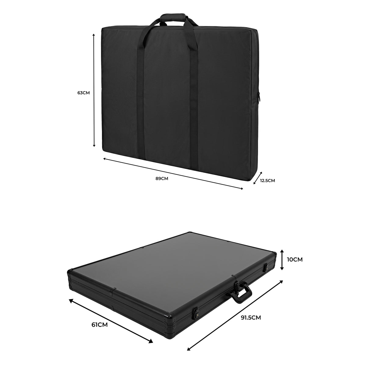 Zwarte opbergdoos met handvat, afmetingen 89x63x12,5 cm, stevig materiaal, ideaal voor het veilig opbergen van documenten en materialen
