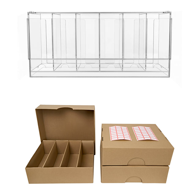 Transparante acryl display met meerdere secties bovenaan, onderaan twee kartonnen dozen met gescheiden vakken en etiketten