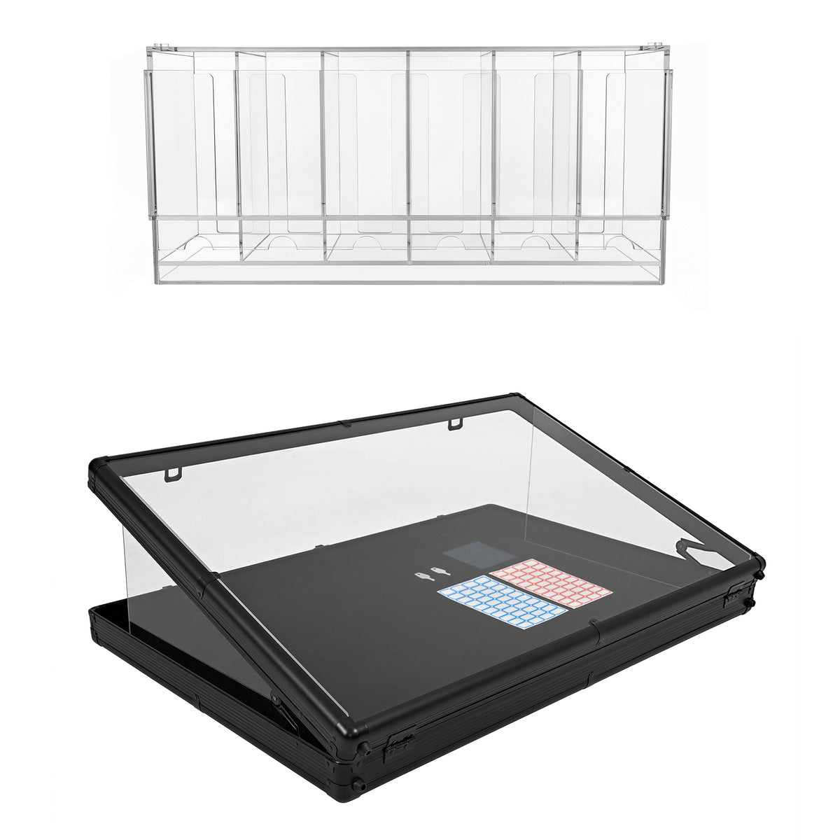Zwarte, transparante displaycase met een schuin deksel en kleurrijk toetsenpaneel, ideaal voor het presenteren van producten