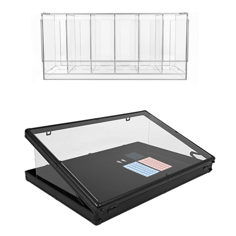Zwarte, transparante displaycase met een schuin deksel en kleurrijk toetsenpaneel, ideaal voor het presenteren van producten