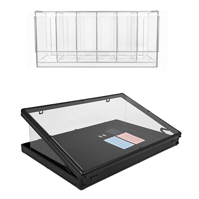 Zwarte, transparante displaycase met een schuin deksel en kleurrijk toetsenpaneel, ideaal voor het presenteren van producten