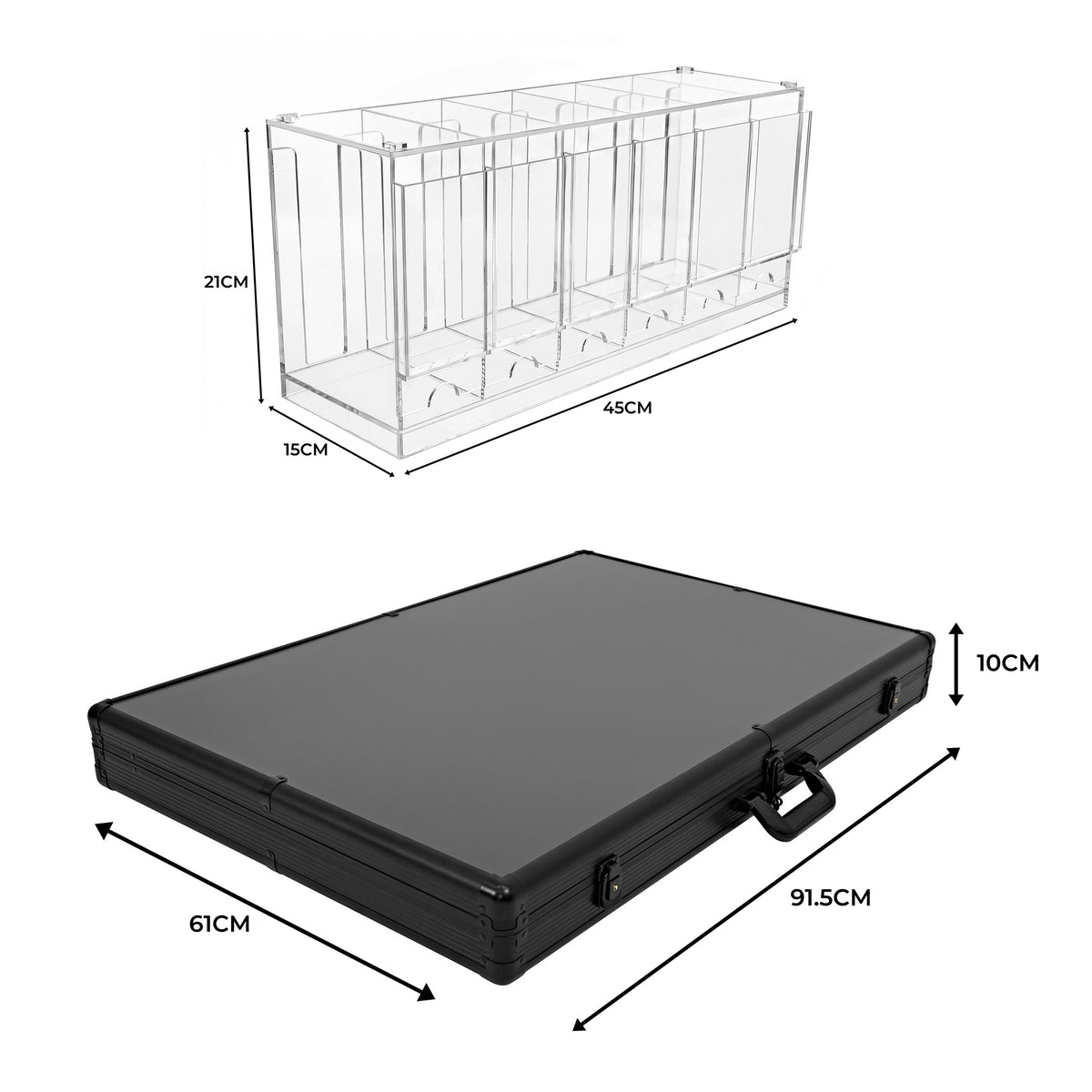 Transparante acryl opbergdoos met vijf vakken, bovenaanzicht van een zwarte koffer met handvat en afmetingen 61x91,5x10 cm