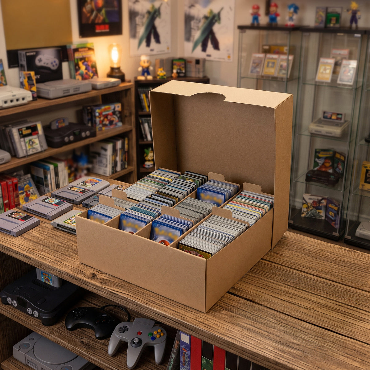 Een kartonnen doos gevuld met gesorteerde verzamelkaarten, geplaatst op een houten tafel in een retro gamewinkel met consoles en spellen op de achtergrond