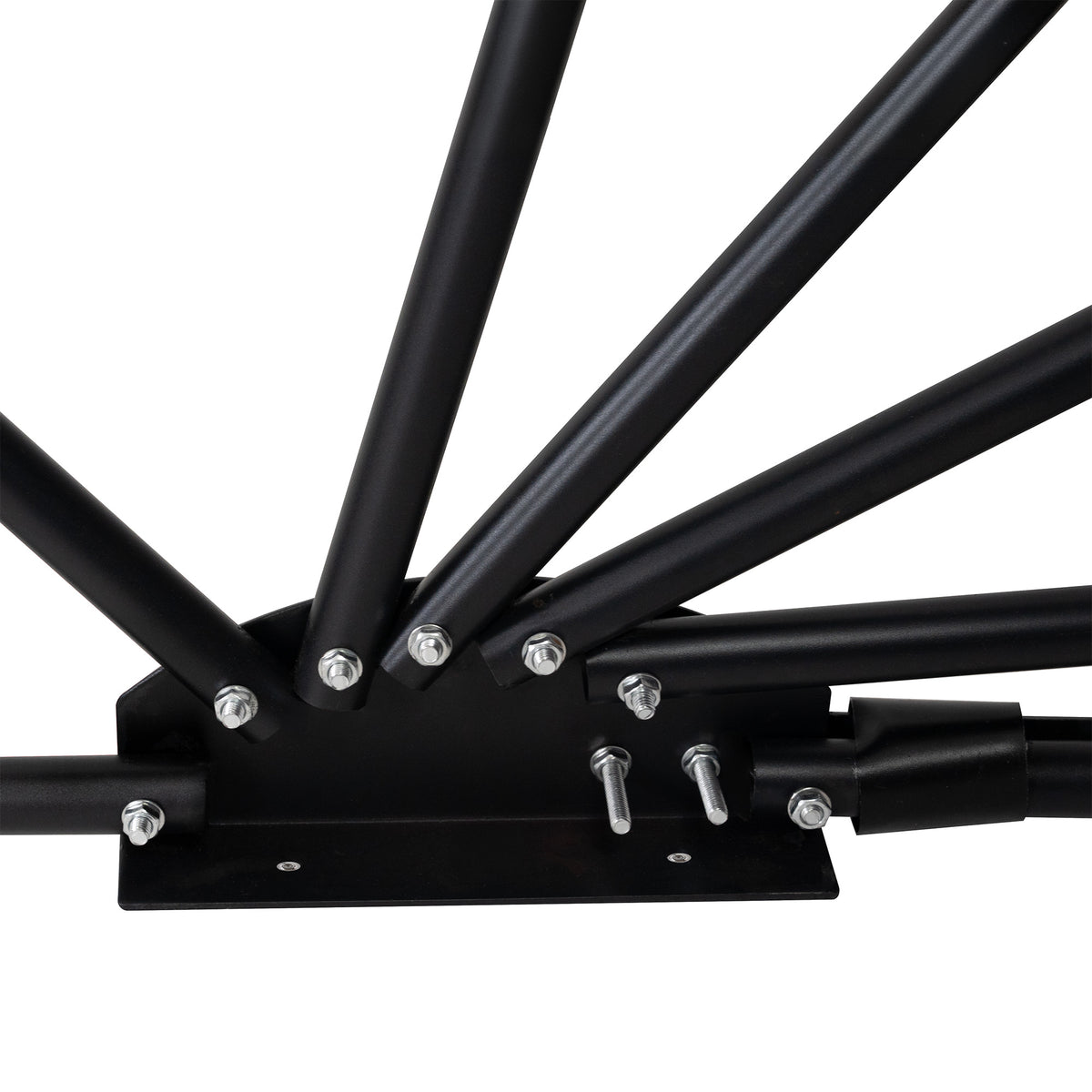 Zwart metalen frame met stevige verbindingen en schroeven, ontworpen voor stabiliteit en duurzaamheid in een e-commerce productdisplay
