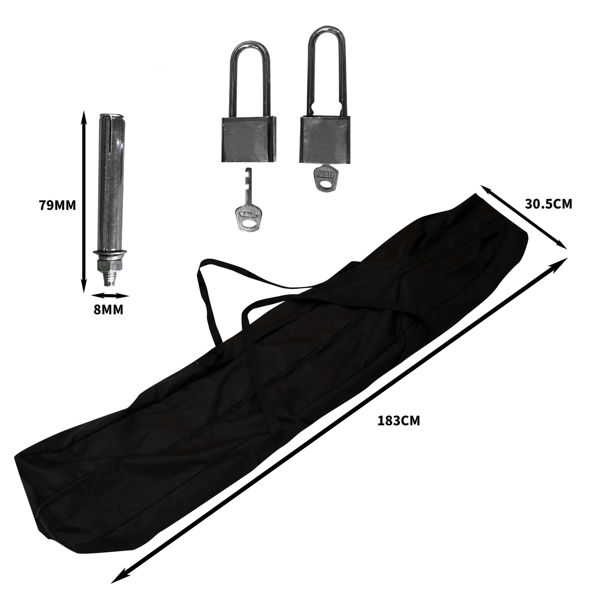 Zwarte draagtas met een lengte van 183 cm, inclusief twee metalen hangsloten en een stalen buis van 79 mm lang en 8 mm breed