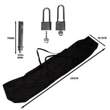 Zwarte draagtas met een lengte van 183 cm, inclusief twee metalen hangsloten en een stalen buis van 79 mm lang en 8 mm breed