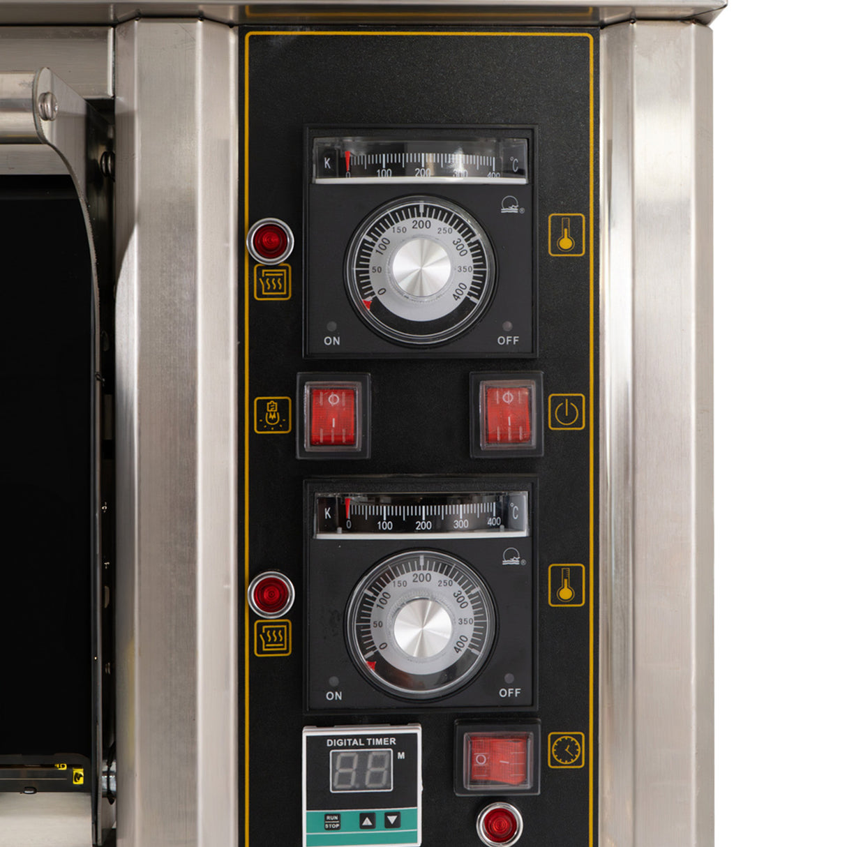 Professionele pizza- en bakoven met roestvrijstalen afwerking, digitale timer en draaiknoppen voor temperatuur en tijdinstellingen