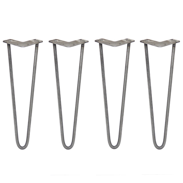 Vier ruwstalen hairpin tafelpoten van 40,6 cm met een slanke, gebogen vorm en stevige bevestigingsplaten voor meubels