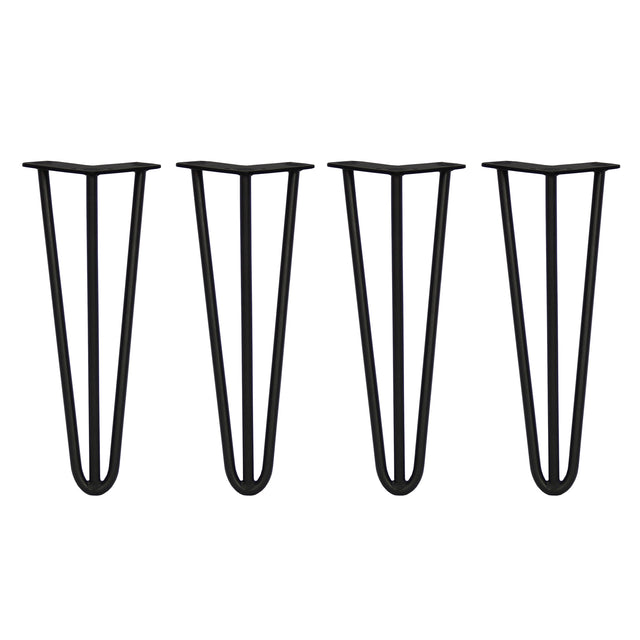 Zwarte haarspeld tafelpoten van 35,5 cm met drie staven en een diameter van 12 mm, ideaal voor moderne meubelontwerpen
